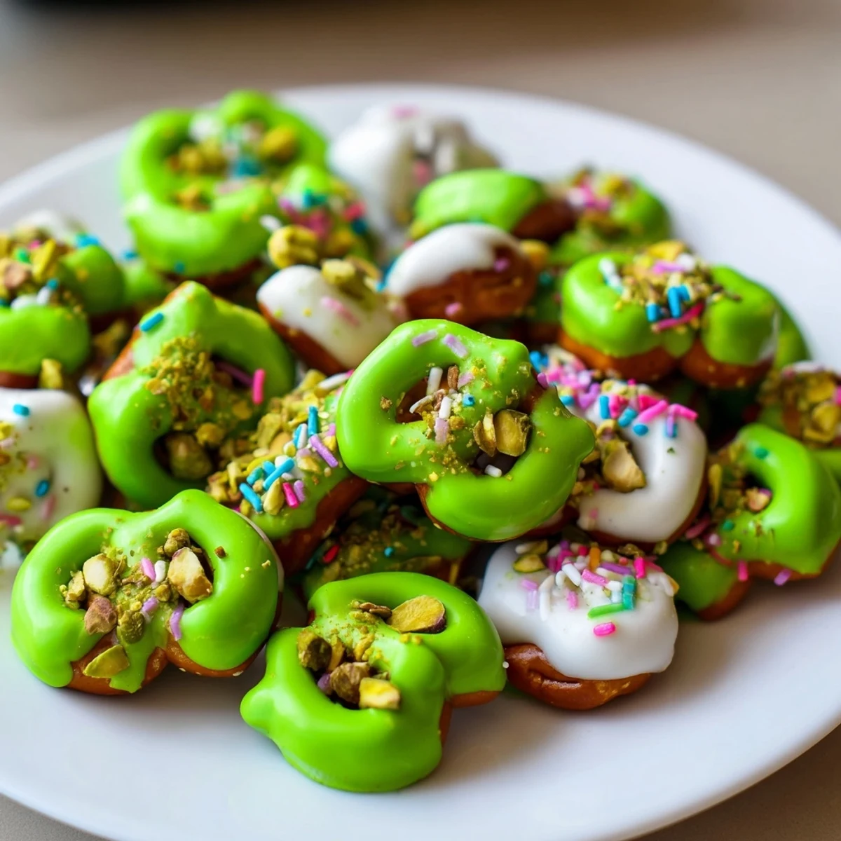 Festive green chocolate covered pretzel treats with pistachios and mini chocolate chips, ready to serve.