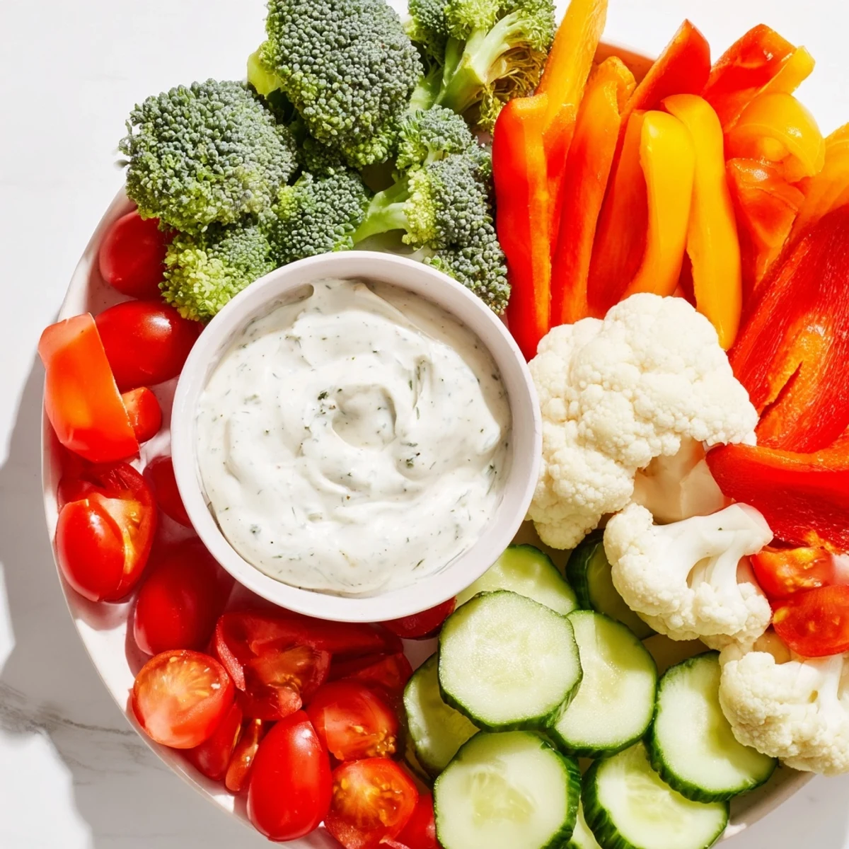 A colorful veggie tray with ranch dip features crisp carrots, tomatoes, and bell peppers, perfect for a party appetizer.  