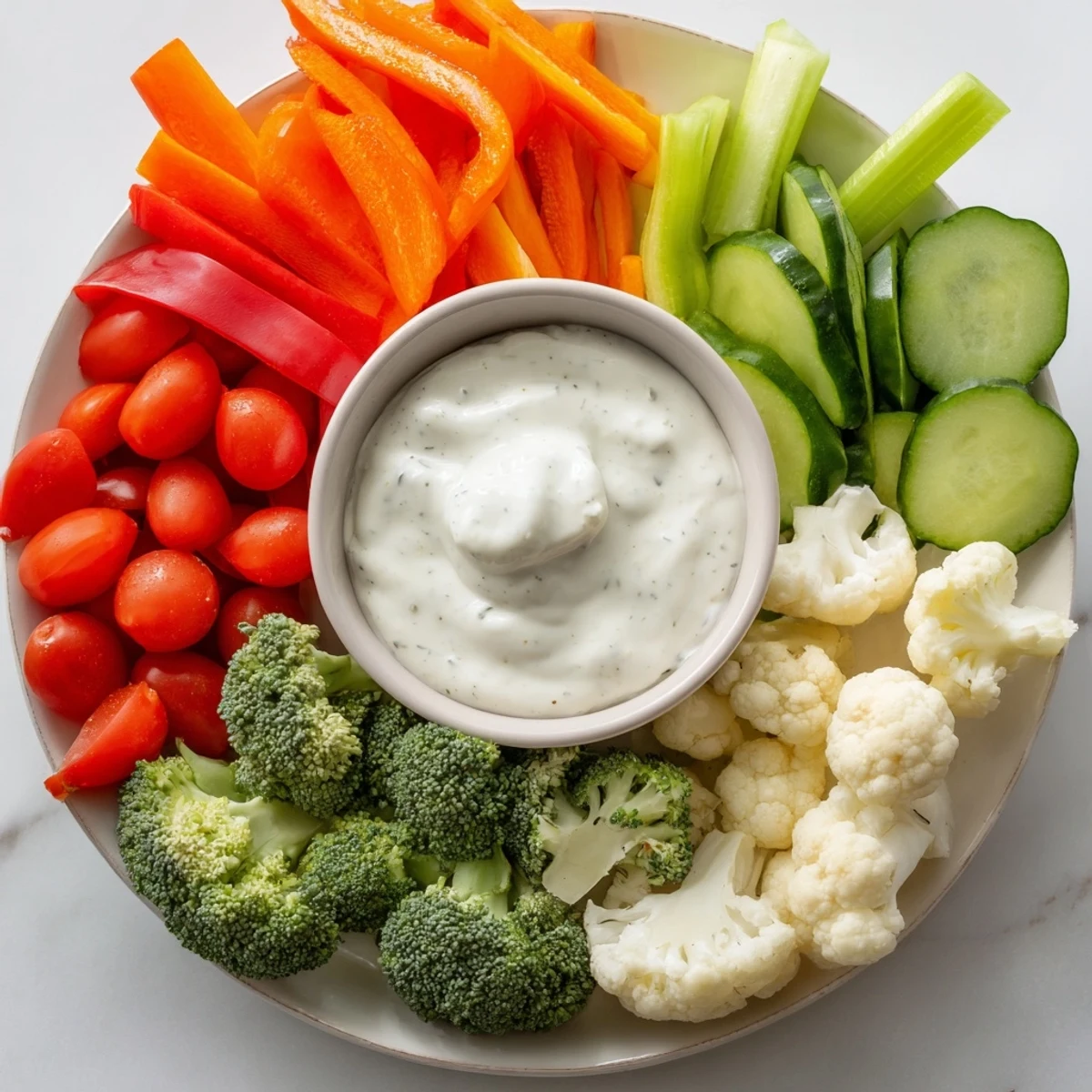 Bright vegetable platter with ranch dip includes celery sticks and cherry tomatoes, ideal for a healthy snack or game day.