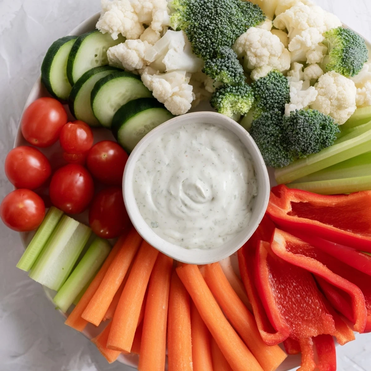 Veggie tray with ranch dip showcases fresh cucumbers, broccoli, and cauliflower florets alongside a creamy homemade ranch dip.  