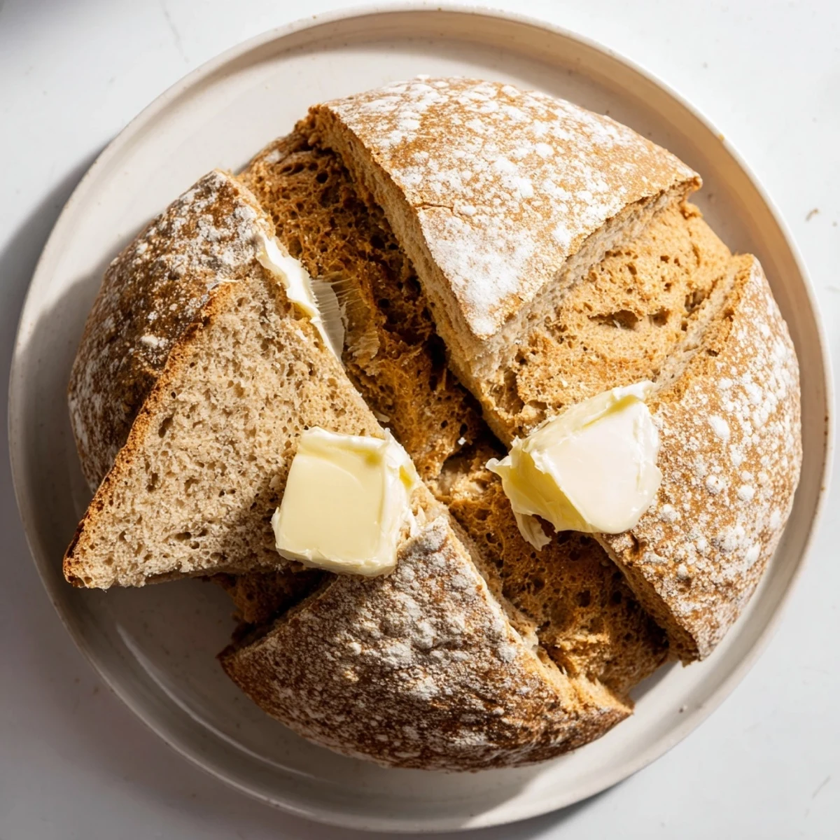 A rustic Soda Bread loaf with a golden-brown crust and a deep cross on top, cooling on a wire rack, ready to be served with silky Irish butter.  