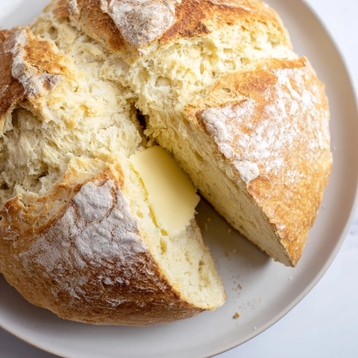 This freshly baked Soda Bread reveals a tender, pale crumb as a slice is lifted away, accompanied by a generous pat of creamy Irish butter.  