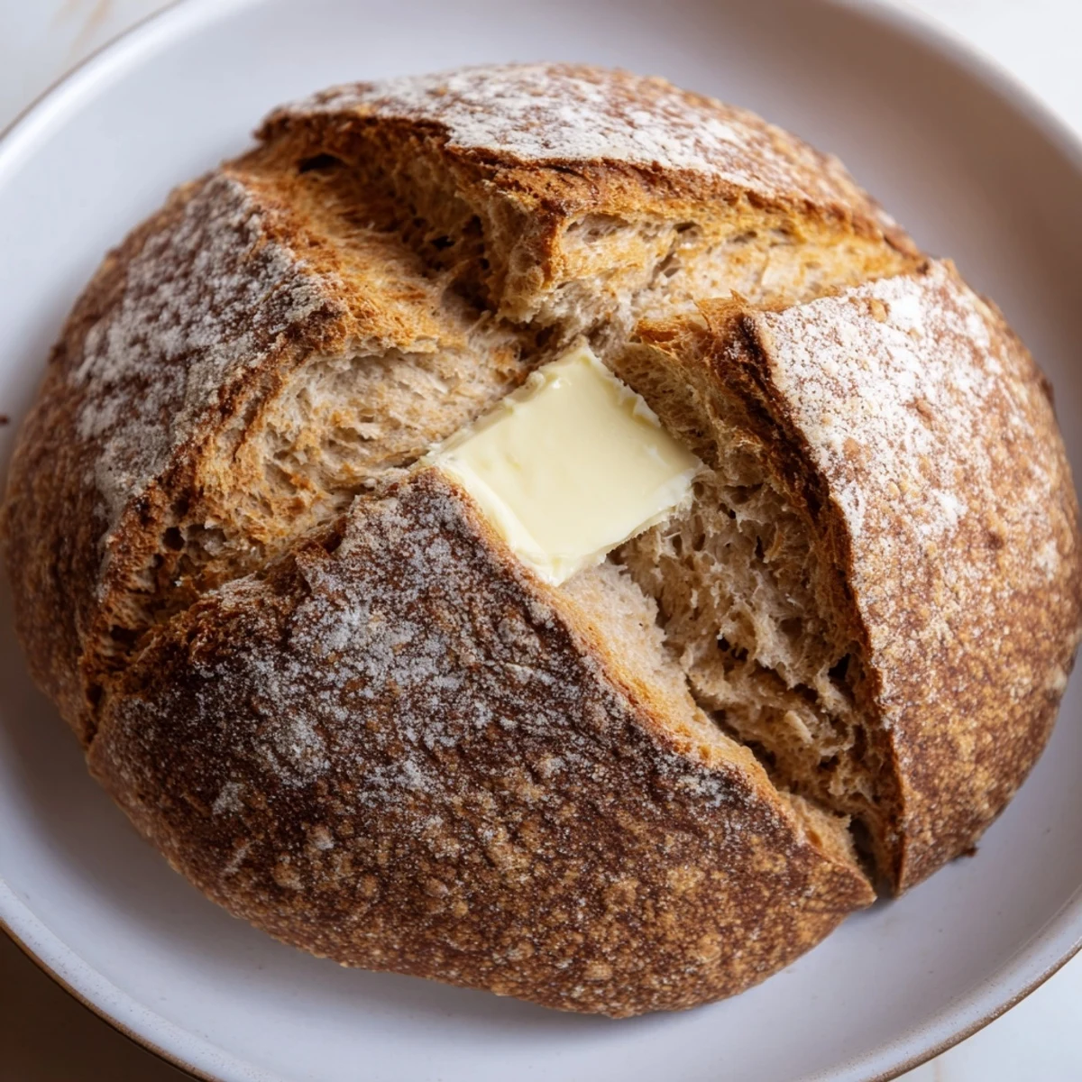 Golden-brown Soda Bread resting on parchment paper, sliced to show its soft interior, with a dish of rich Irish butter nearby for spreading.