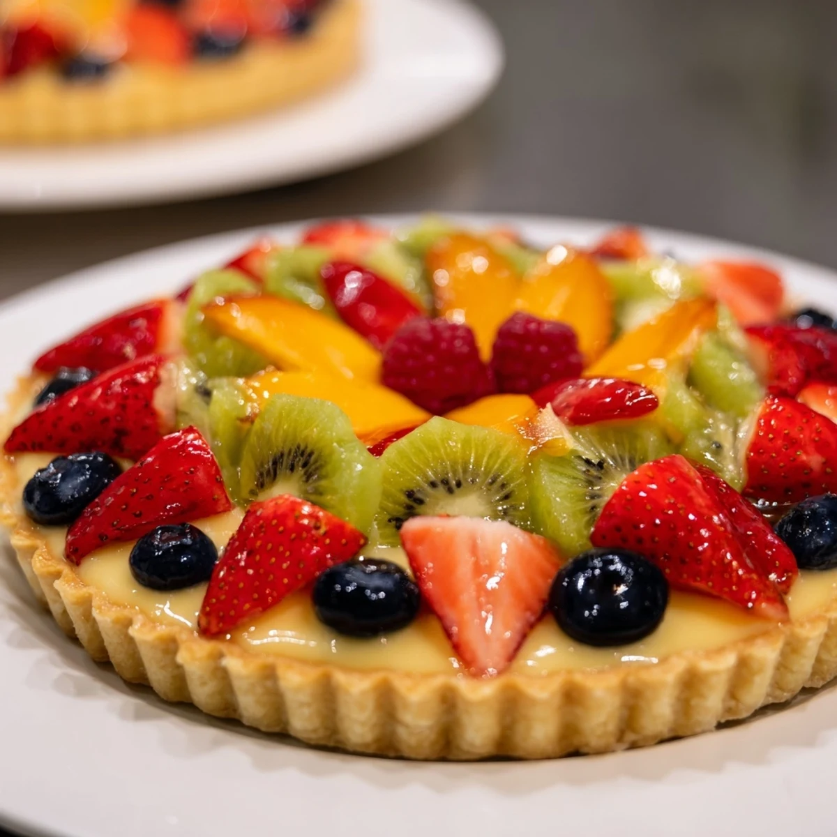 A slice of the Fruit Tart with Vanilla Custard reveals silky custard layers nestled inside a golden, crumbly buttery tart crust, ready to be served.