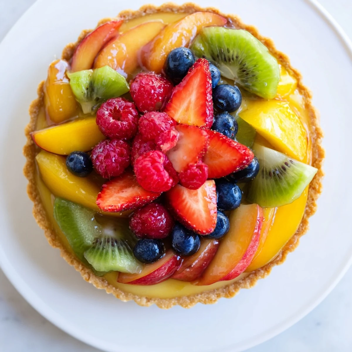 Overhead view of the Fruit Tart with Vanilla Custard, garnished with a drizzle of apricot glaze and fresh mint, perfect for a summer dessert party.