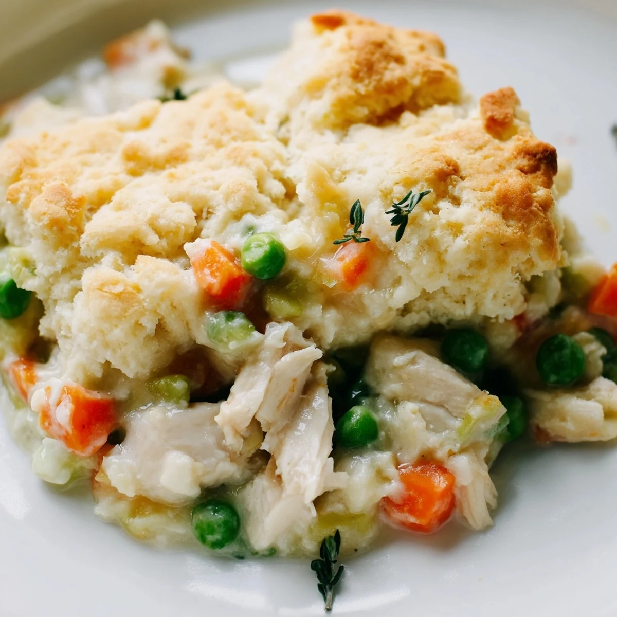 Golden, flaky biscuit pieces peeking from the top of a bubbling Chicken Pot Pie with Biscuit Crust, filled with creamy vegetables and tender chicken.