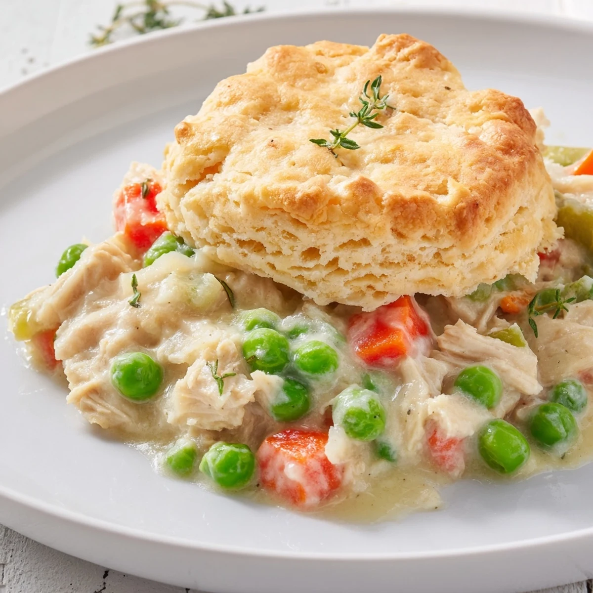 Freshly baked Chicken Pot Pie with Biscuit Crust reveals a rich, savory filling through gaps in the golden brown biscuit topping.