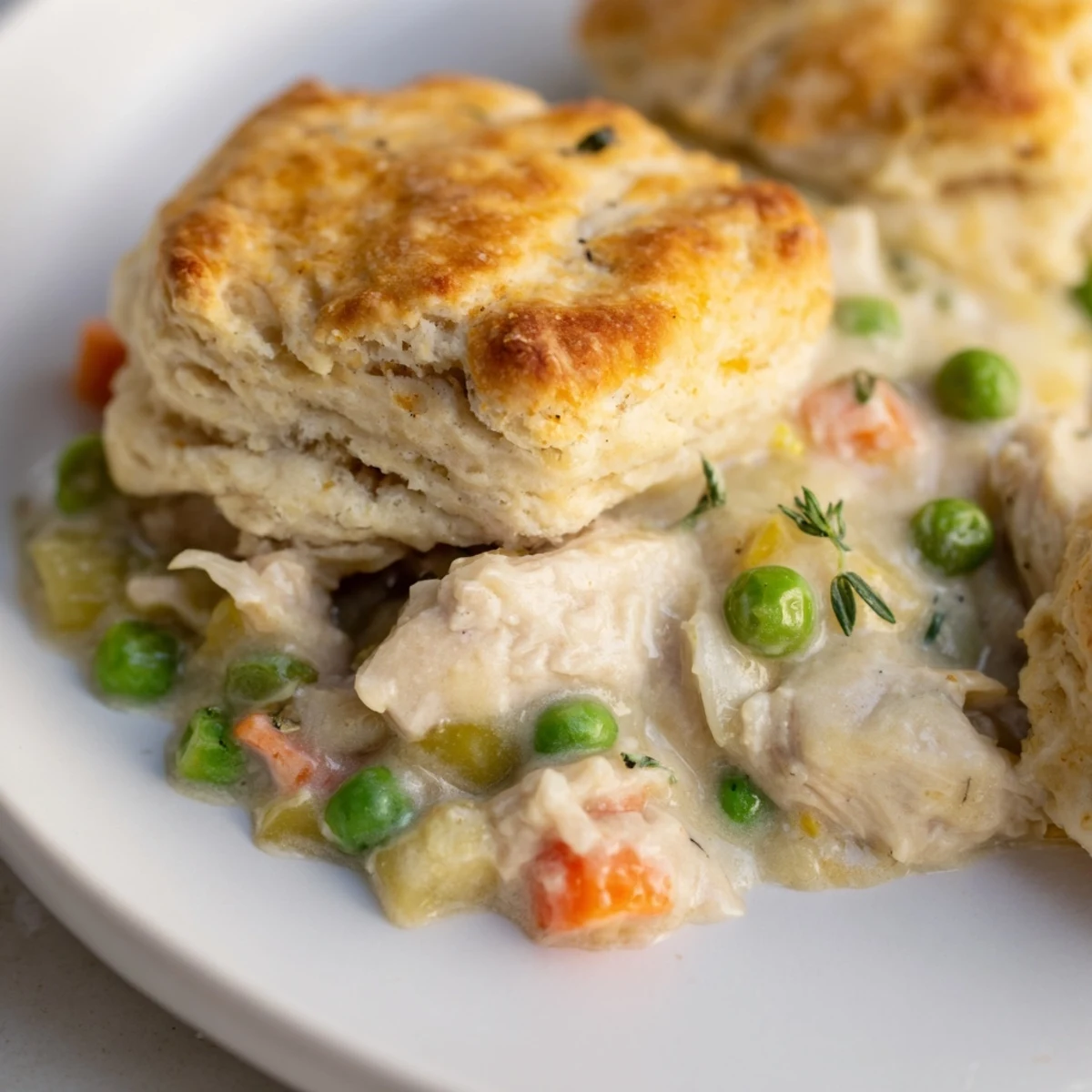 A close-up view of the rustic Chicken Pot Pie with Biscuit Crust, served warm in a skillet with a side of green salad.
