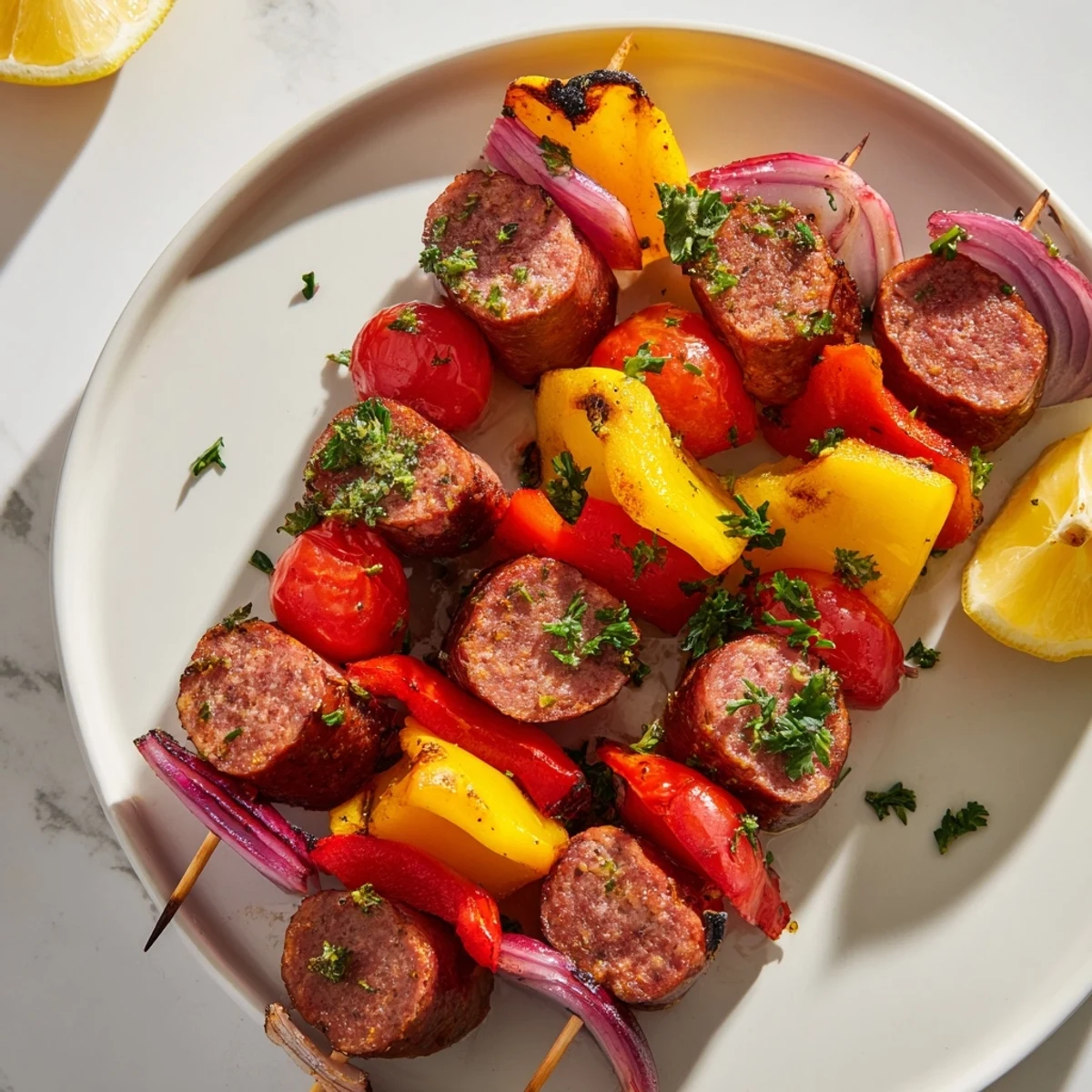 Grilled Beef Sausage Skewers with Peppers feature charred vegetables and sizzling sausages on a wooden platter, garnished with fresh parsley and lemon wedges.