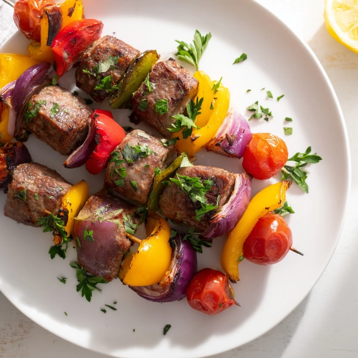 Juicy Beef Sausage Skewers with Peppers are plated over rice, showing tender bell peppers and onions alongside a dipping sauce for a weeknight dinner.