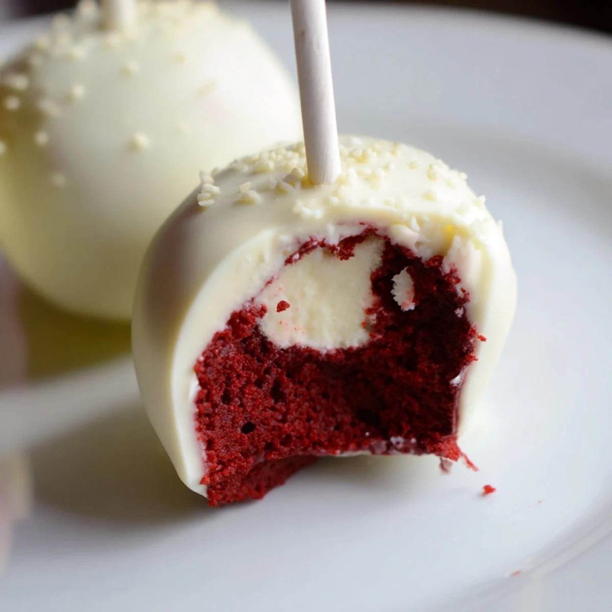 Moist, vibrant red velvet cake balls dipped in smooth white chocolate and garnished with red sprinkles on a marble slab.