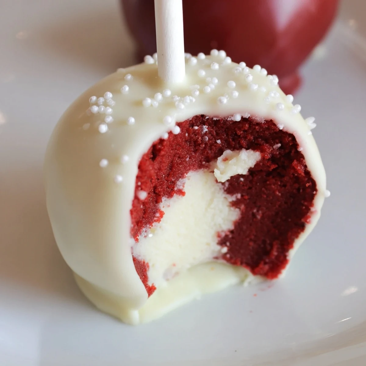 Indulgent Red Velvet Cake Pops arranged vertically in a styrofoam stand, showcasing glossy coatings and leftover white chocolate drizzle.