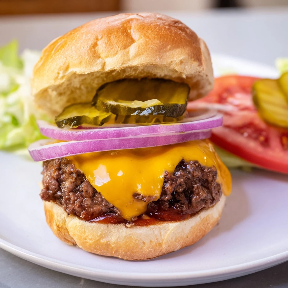 Golden-brown beef sliders with melted cheddar cheese on toasted buns, garnished with fresh lettuce and pickles for a classic party appetizer.