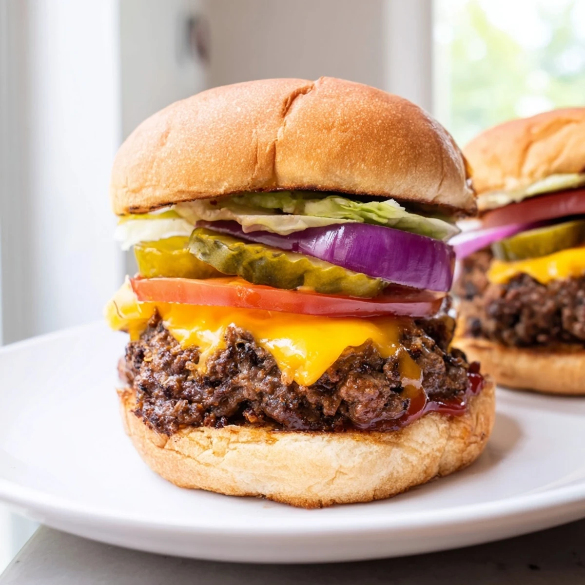 Freshly prepared beef sliders featuring melted cheddar, crisp lettuce, and tangy pickles on warm buns, ready to serve for a family dinner.