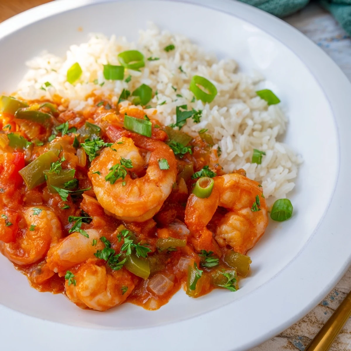 Plump, pink shrimp in a vibrant red Creole sauce served over fluffy white rice.