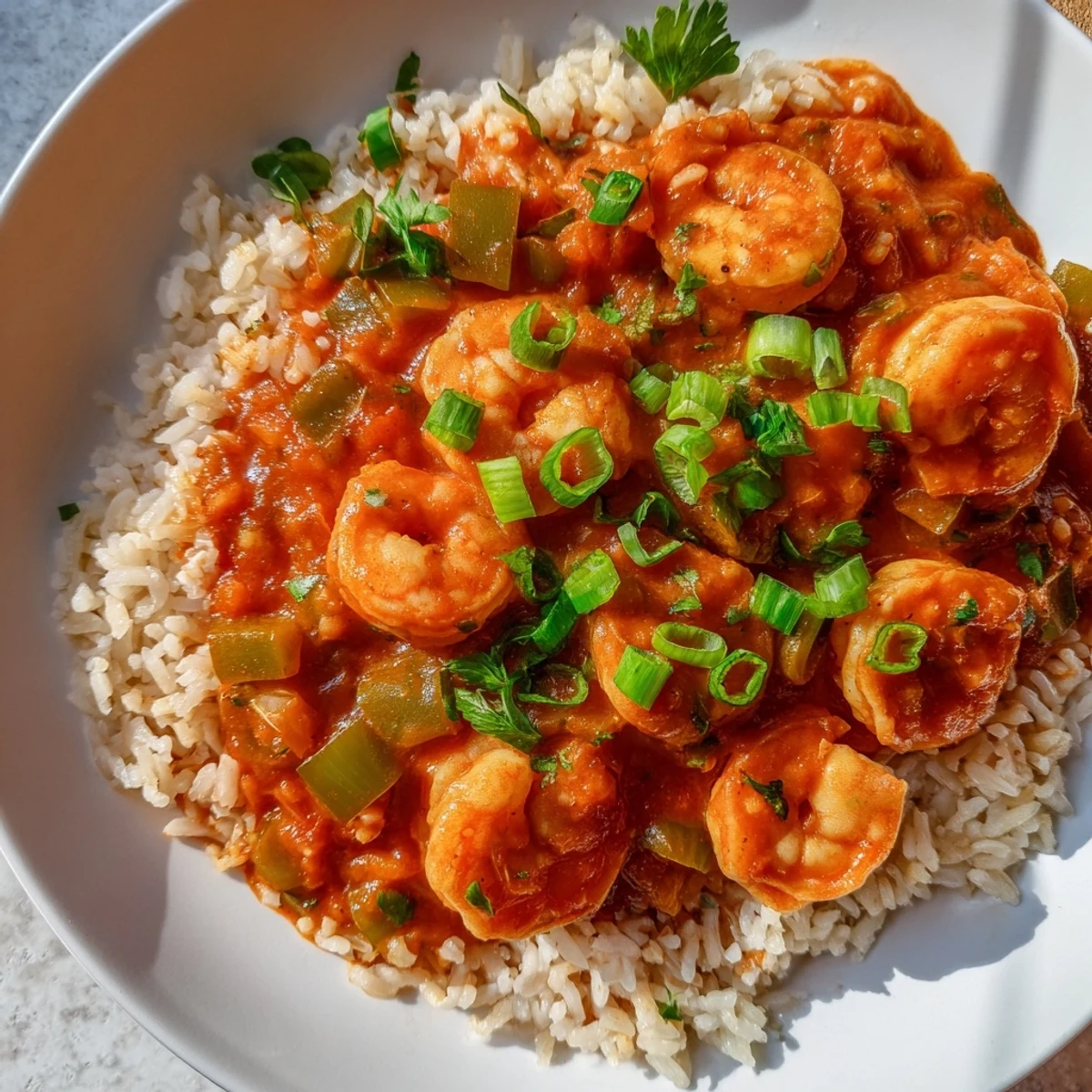 Spoonful of spicy Creole shrimp and rich tomato sauce atop a mound of white rice.