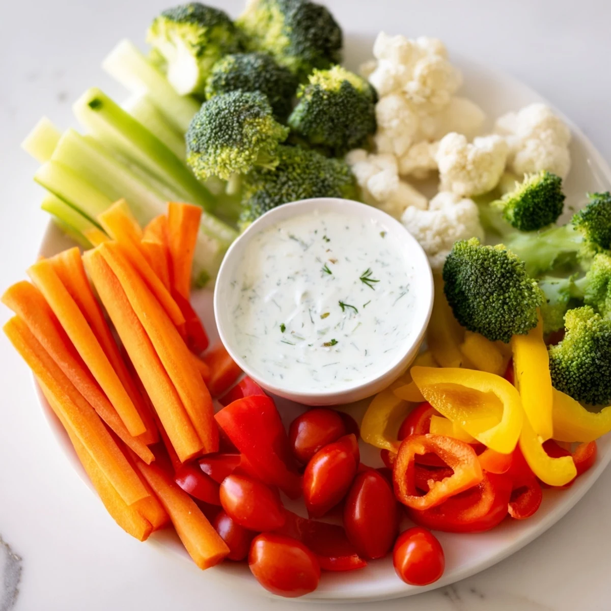 Fresh Veggie Tray with Ranch Dip, showcasing vibrant cherry tomatoes, cucumbers, and broccoli florets arranged artfully. The creamy ranch dip sits in a small bowl in the center, ready for dipping at a party.