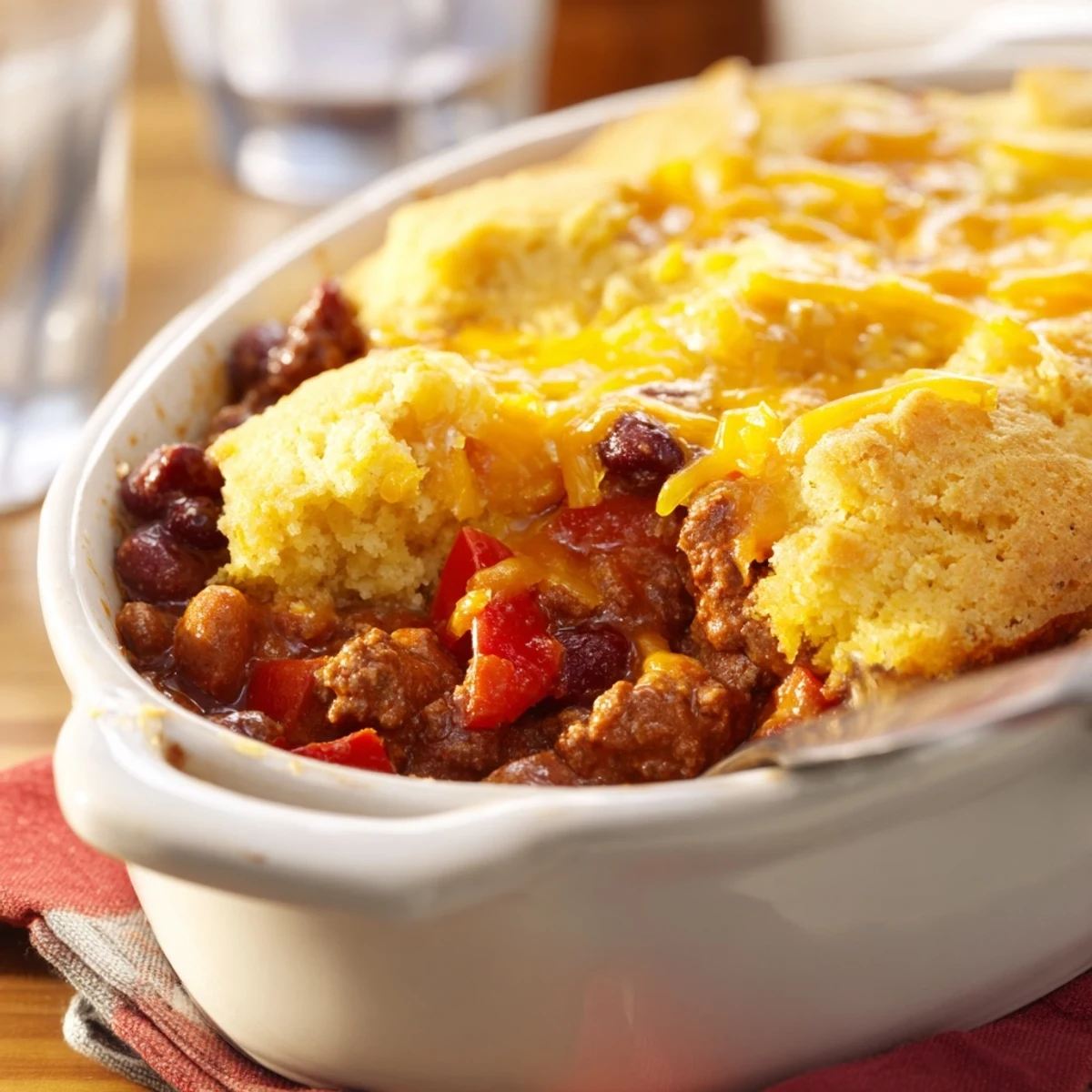 Bubbling Beef Chili with Cornbread Topping is spooned from a cast-iron dish, ready for weeknight dinners.