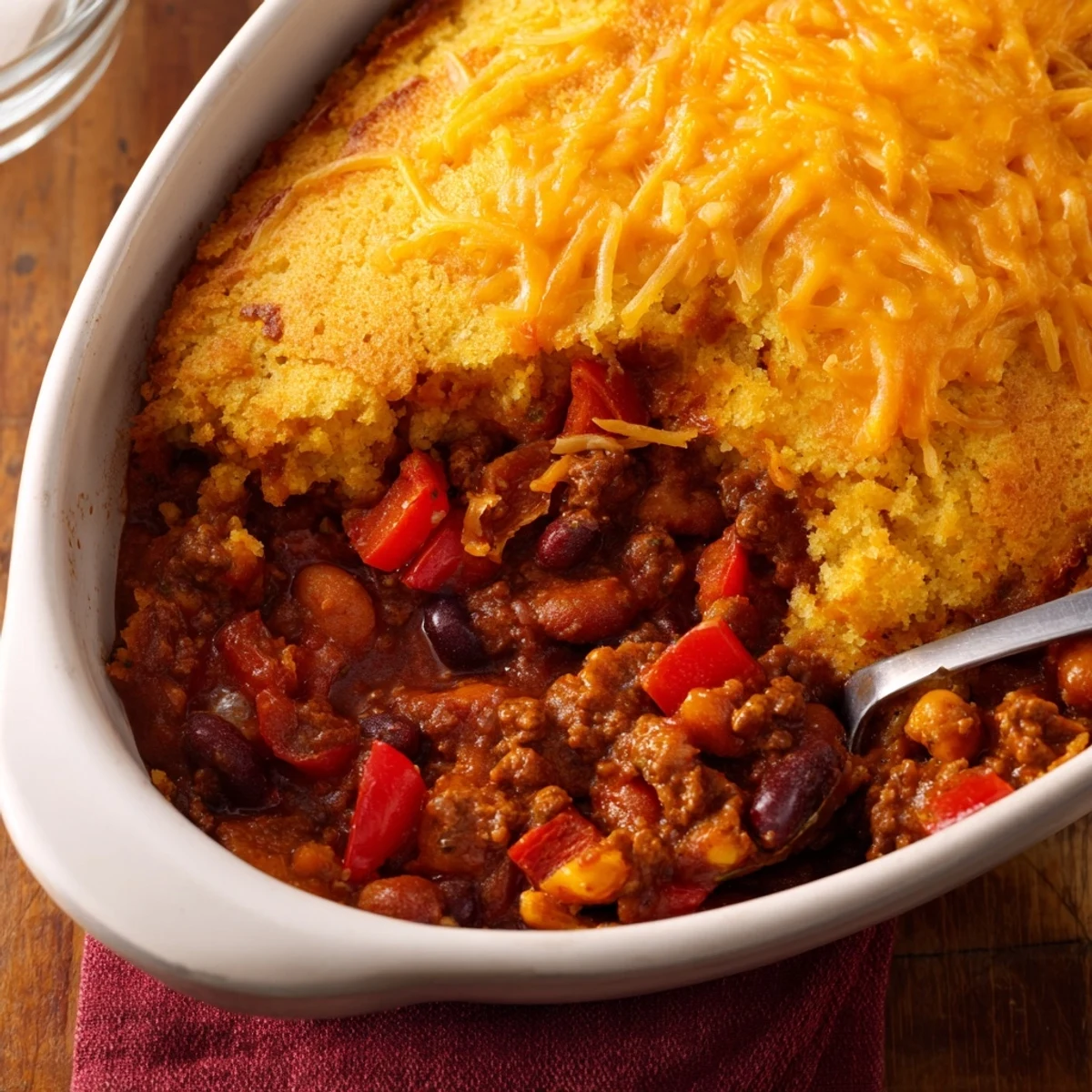 Skillet-baked Beef Chili with Cornbread Topping emerges with a crunchy crust and melted cheddar cheese.