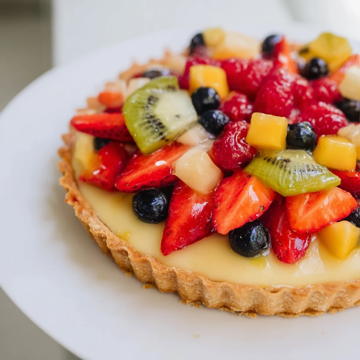 Close-up of a freshly made Fruit Tart with Vanilla Custard, showing a crisp, golden-brown crust filled with creamy custard and topped with strawberries, kiwi, and blueberries. 