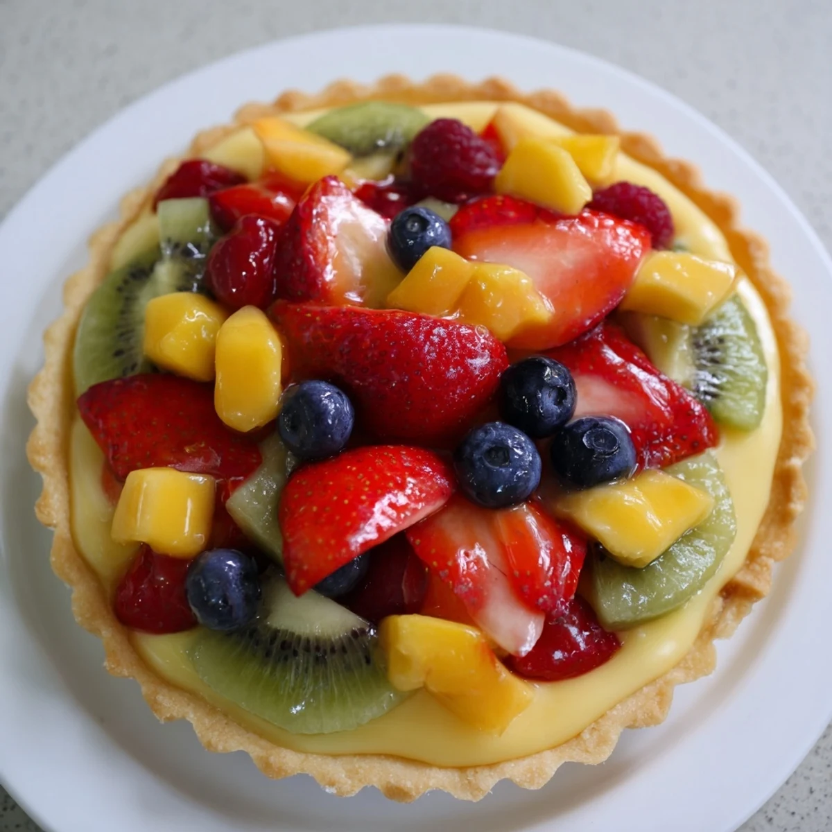 Freshly baked Fruit Tart with Vanilla Custard, featuring a buttery crust, silky vanilla custard, and glistening fresh berries on a rustic table. 