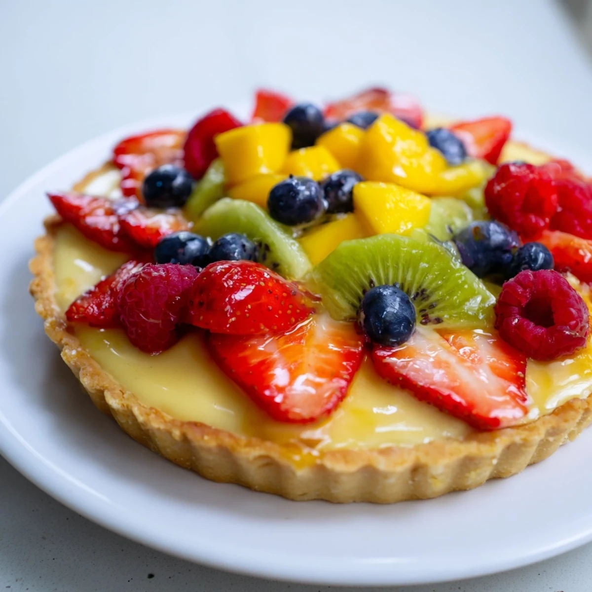 Overhead view of a sliced Fruit Tart with Vanilla Custard, revealing layers of flaky pastry and smooth custard with vibrant mixed fruit.