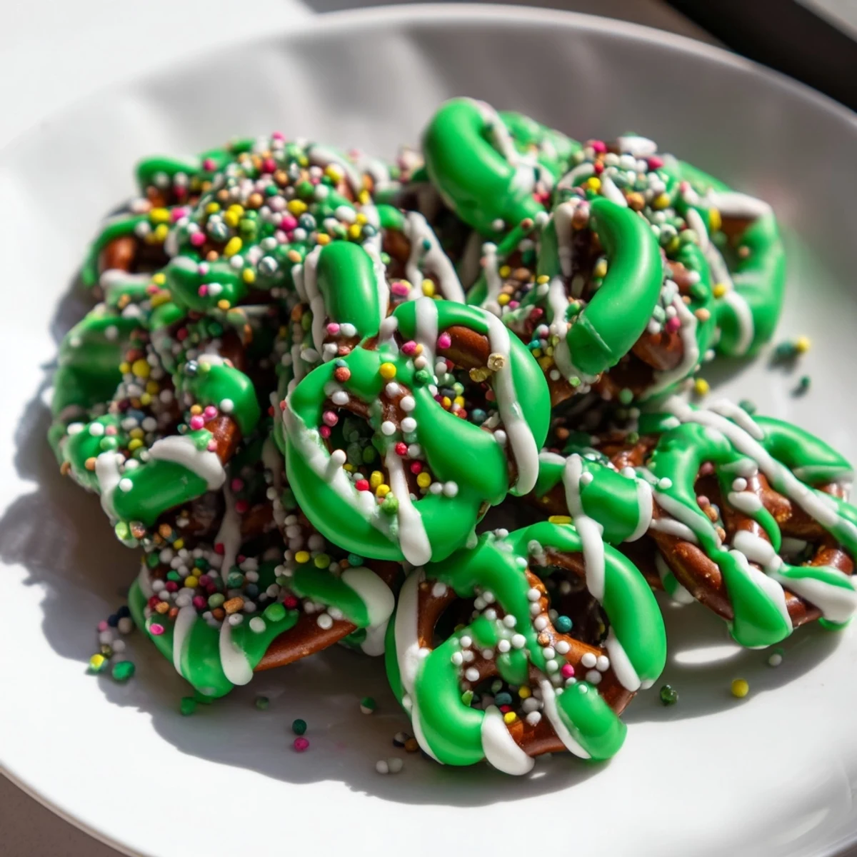 Pretzel Treats with Green Chocolate Drizzle shine on a plate, their glossy green stripes glistening beside colorful sprinkles for a festive party snack.