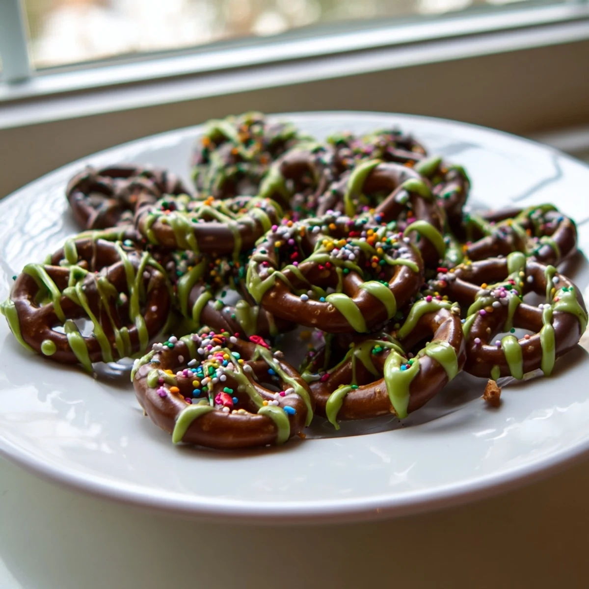 A close-up of Pretzel Treats with Green Chocolate Drizzle shows crunchy twists topped with vibrant green chocolate, perfect for St. Patrick’s Day gatherings.
