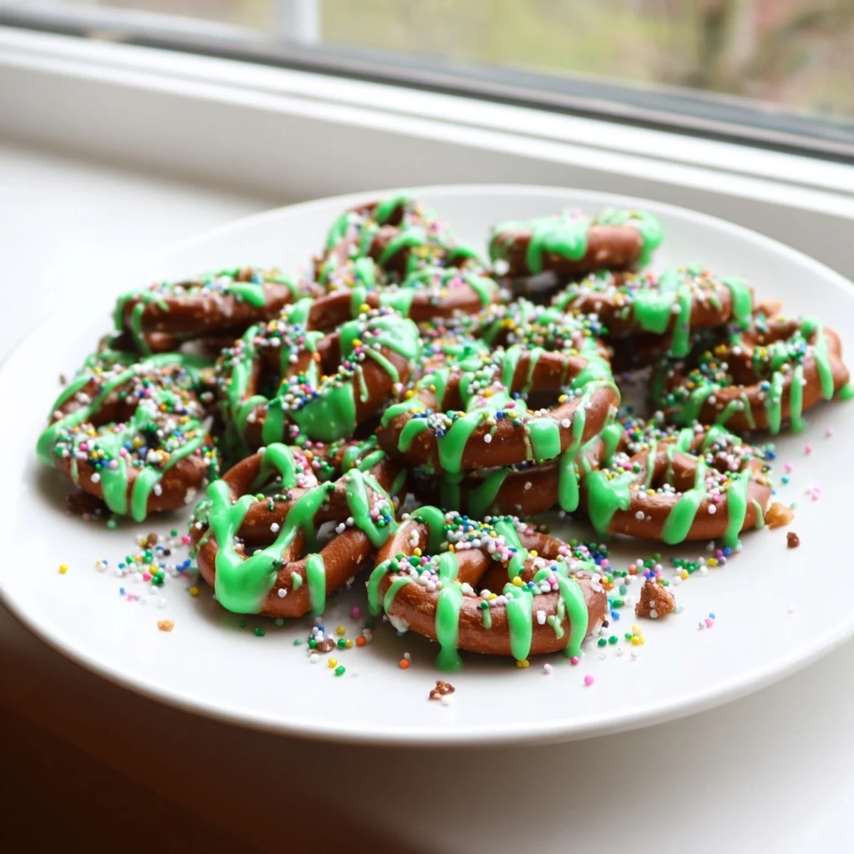 Easy Pretzel Treats with Green Chocolate Drizzle arranged on parchment paper, ready to set, offering sweet-and-salty bites for kids’ lunchboxes or dessert trays.