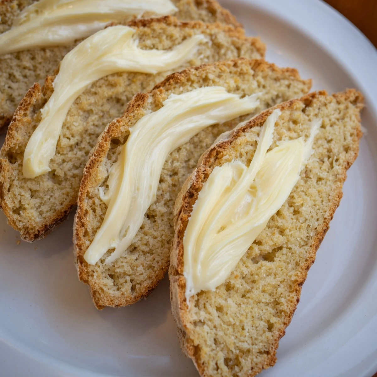 A freshly baked Irish soda bread with a cross cut on top, sliced thick and served with creamy Irish butter.  