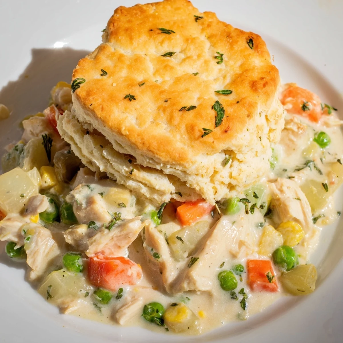 A close-up of a warm, homemade Chicken Pot Pie with Biscuit Crust, flaky golden biscuits covering savory filling.  
