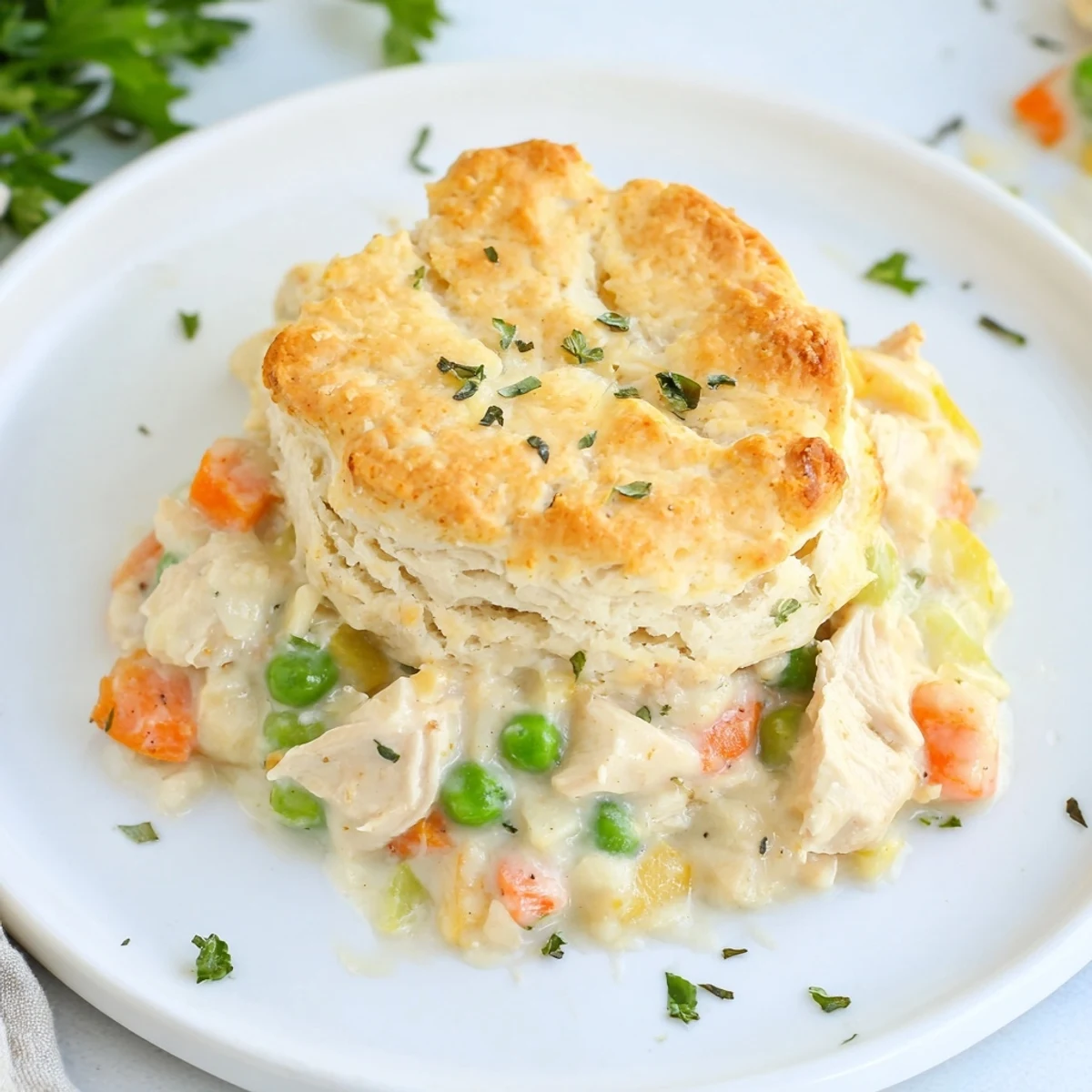 Golden-brown biscuit crust bubbling over creamy chicken pot pie with tender vegetables, served in a rustic baking dish.  
