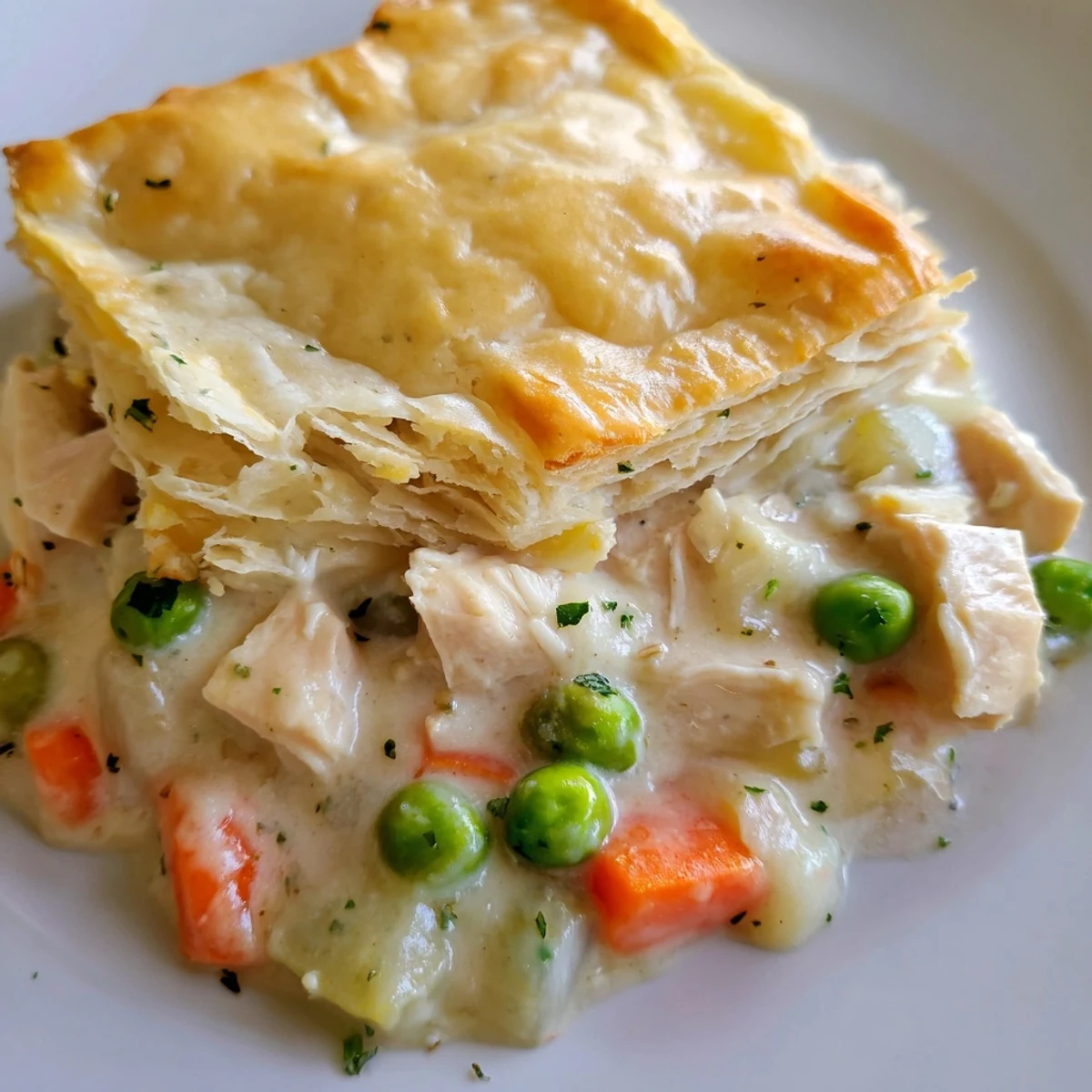 Spoon lifting a portion of hearty Chicken Pot Pie, revealing a rich, creamy blend of chicken, peas, and carrots.