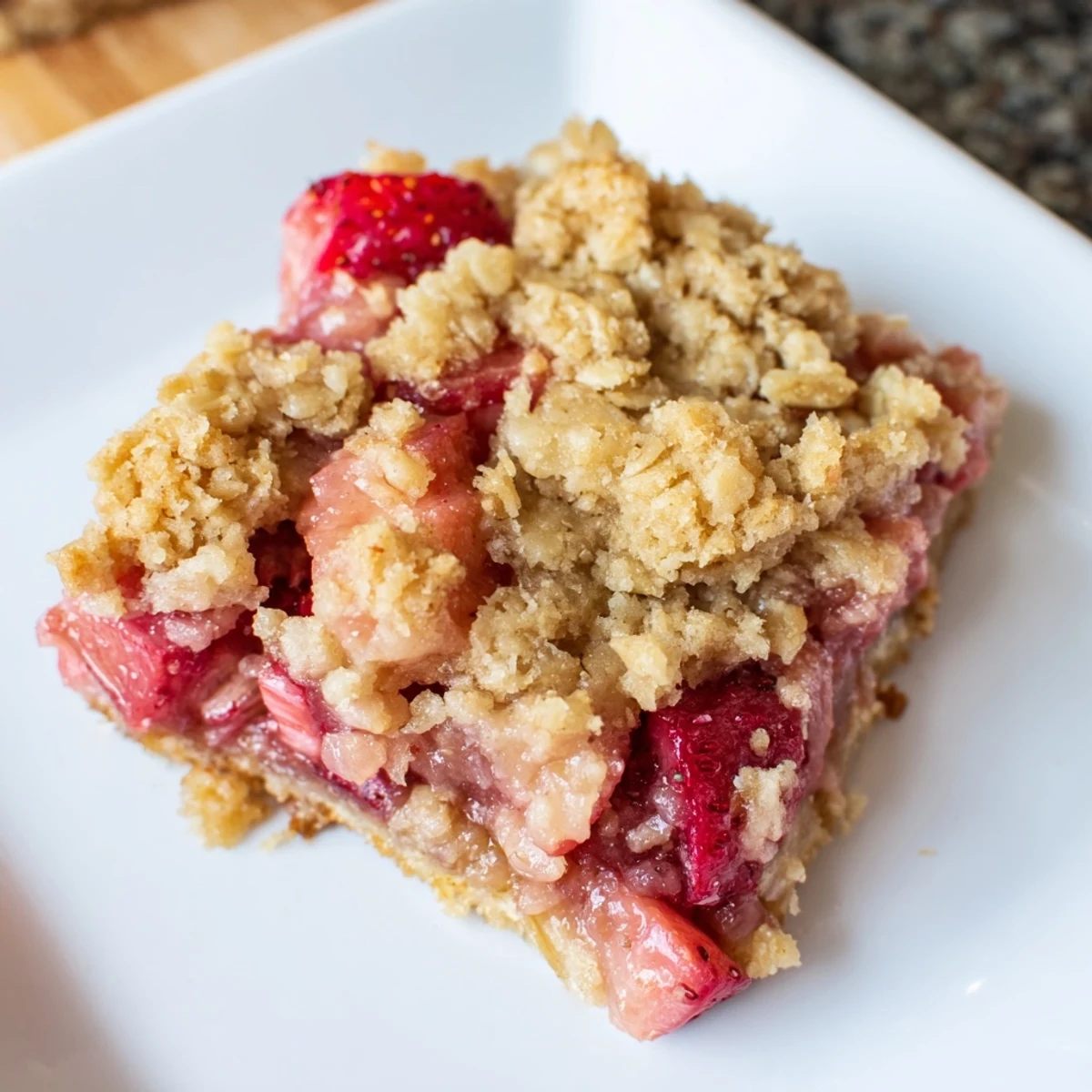 A close-up of a Strawberry Rhubarb Crumble Bar cut to show the buttery crust, sweet strawberries, and tangy rhubarb layers.