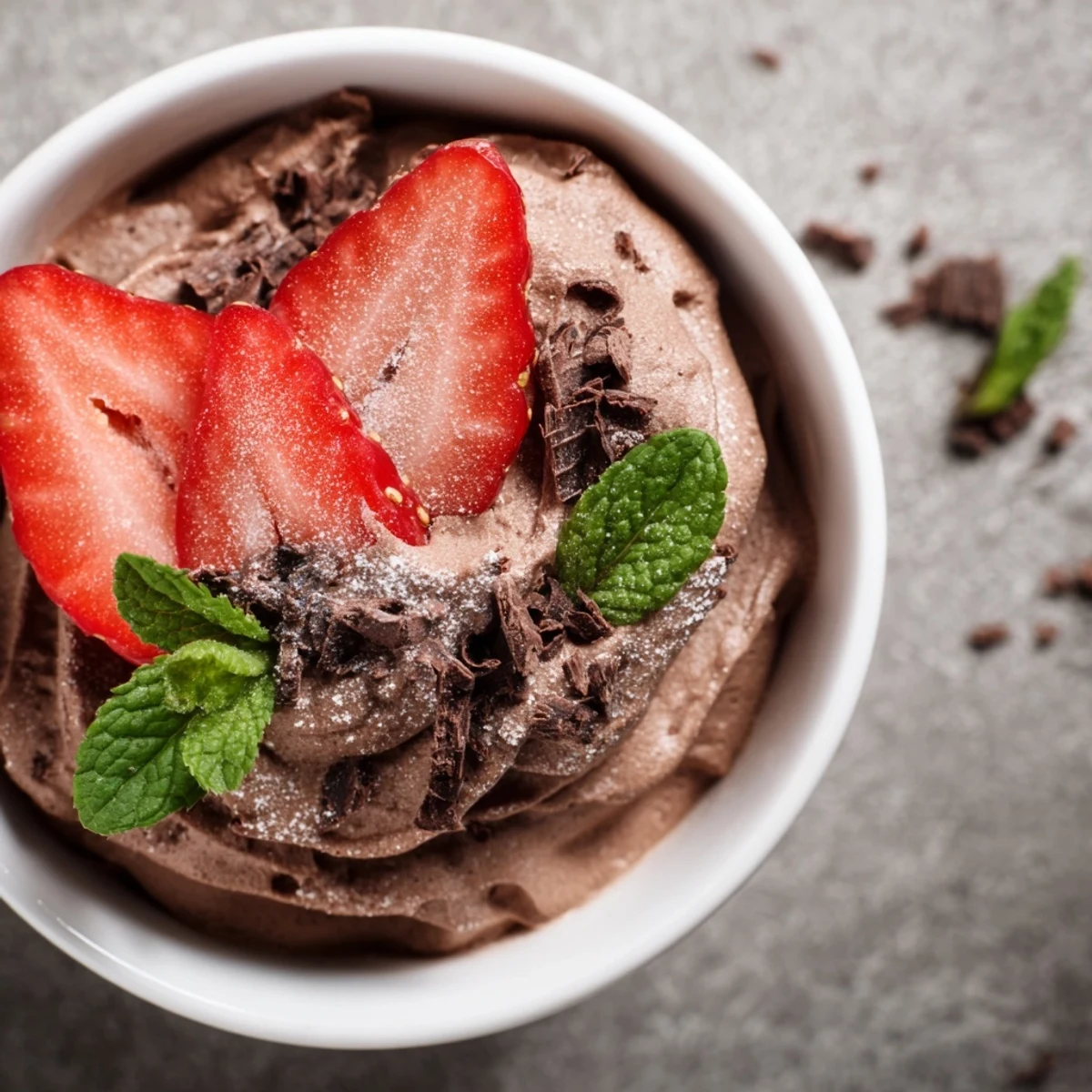 Rich chocolate mousse dessert in a white bowl, garnished with sliced strawberries and a fresh mint sprig for a pop of color.