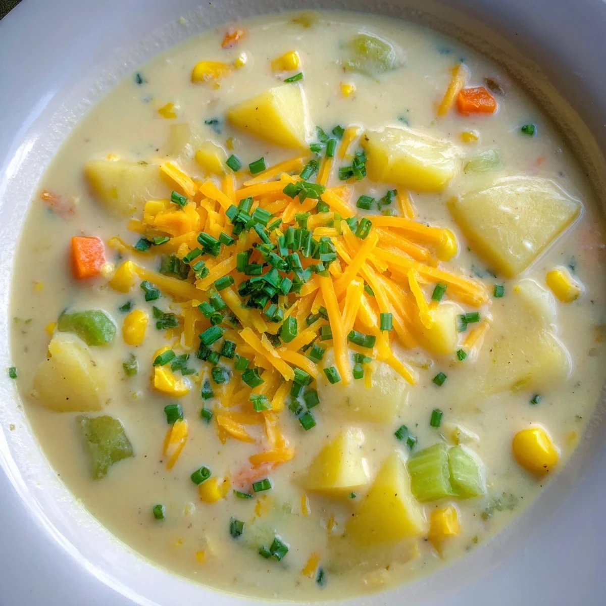 A steaming bowl of Creamy Corn Chowder with Potatoes garnished with fresh chives and melted cheddar cheese.