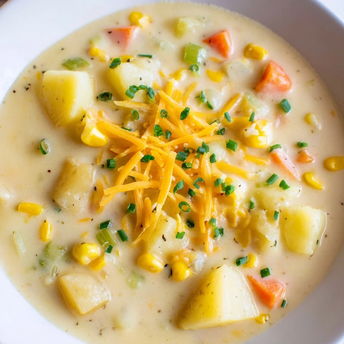Creamy Corn Chowder with Potatoes served in a rustic bowl, featuring tender potato chunks and sweet corn kernels.