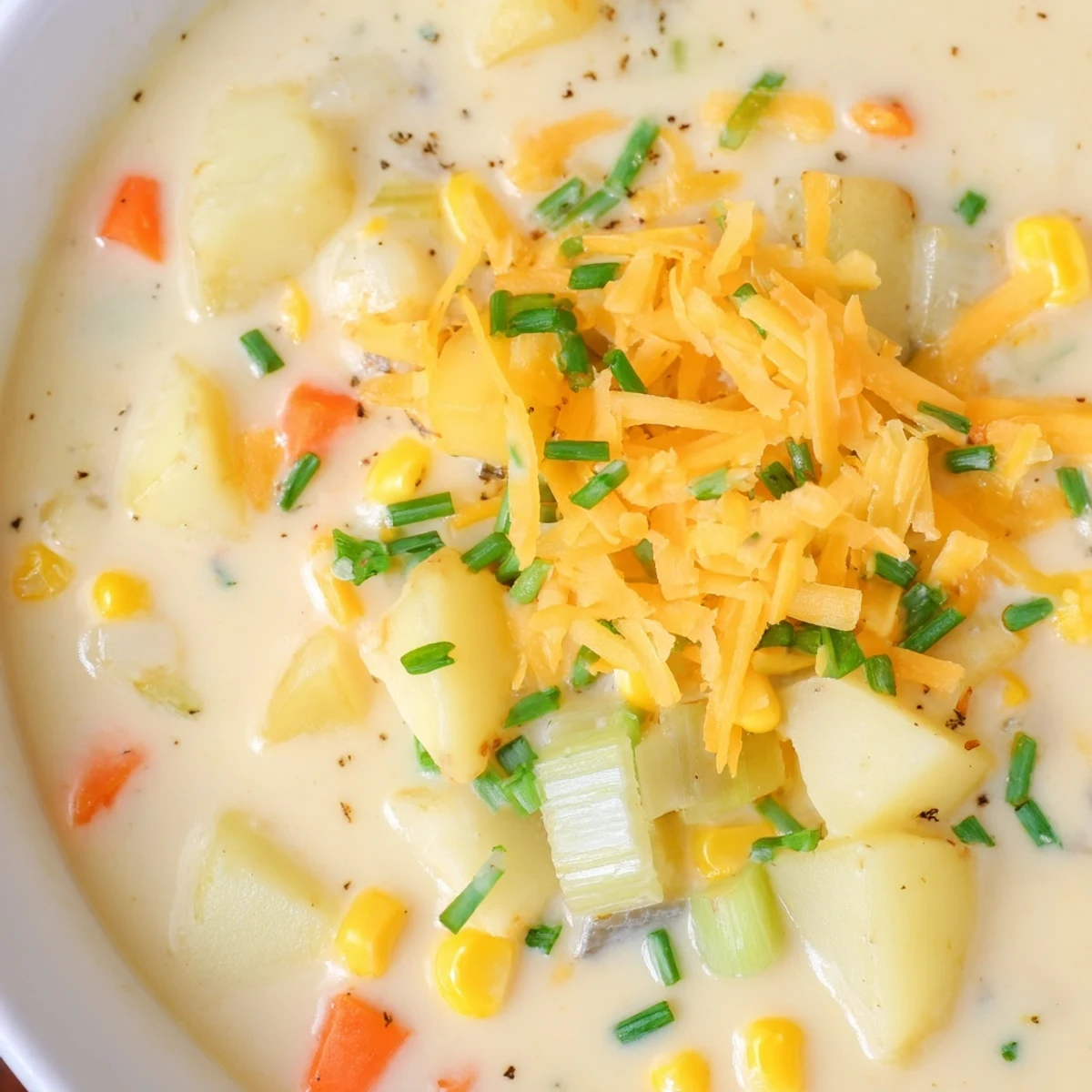 Velvety Creamy Corn Chowder with Potatoes in a white ceramic bowl, garnished with fresh chives for a cozy meal.