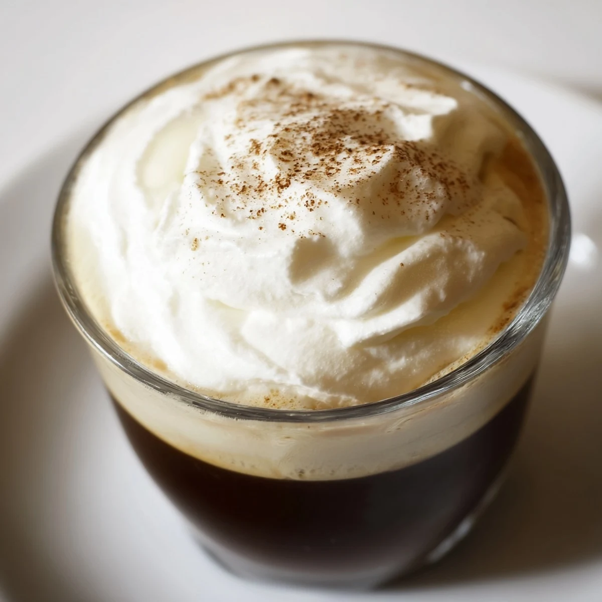 A warm and inviting Irish Coffee Mocktail with Whipped Cream, ready to serve, garnished with a hint of cocoa powder for a comforting non-alcoholic treat.