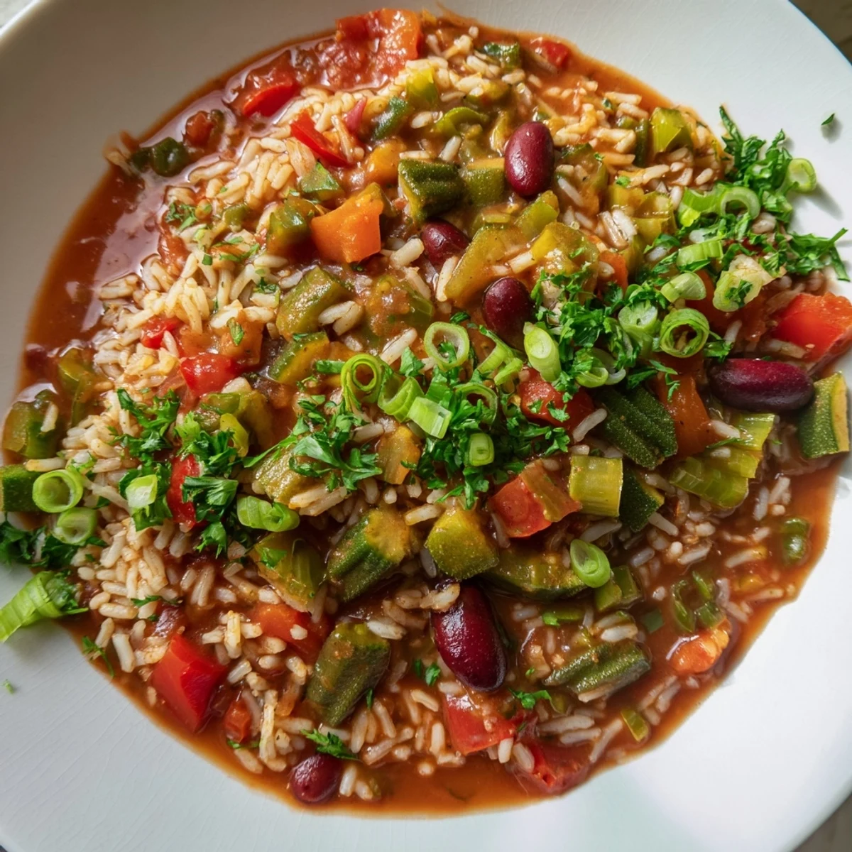 Steaming bowl of vegetarian jambalaya with bell peppers, okra, and kidney beans, showcasing a spicy, festive Cajun-Creole main dish.