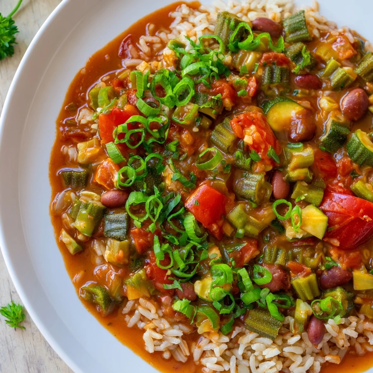 Colorful Mardi Gras Veggie Jambalaya in a Dutch oven, garnished with fresh parsley and green onions, ready to serve.