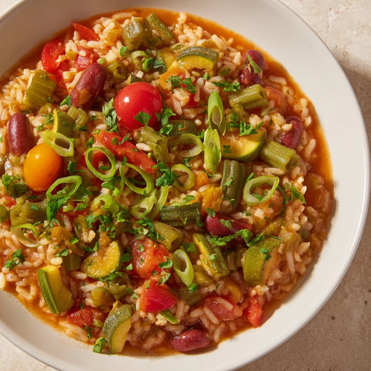 Close-up of Mardi Gras Veggie Jambalaya showing fluffy rice, diced zucchini, and cherry tomatoes, perfect for a vibrant family dinner.