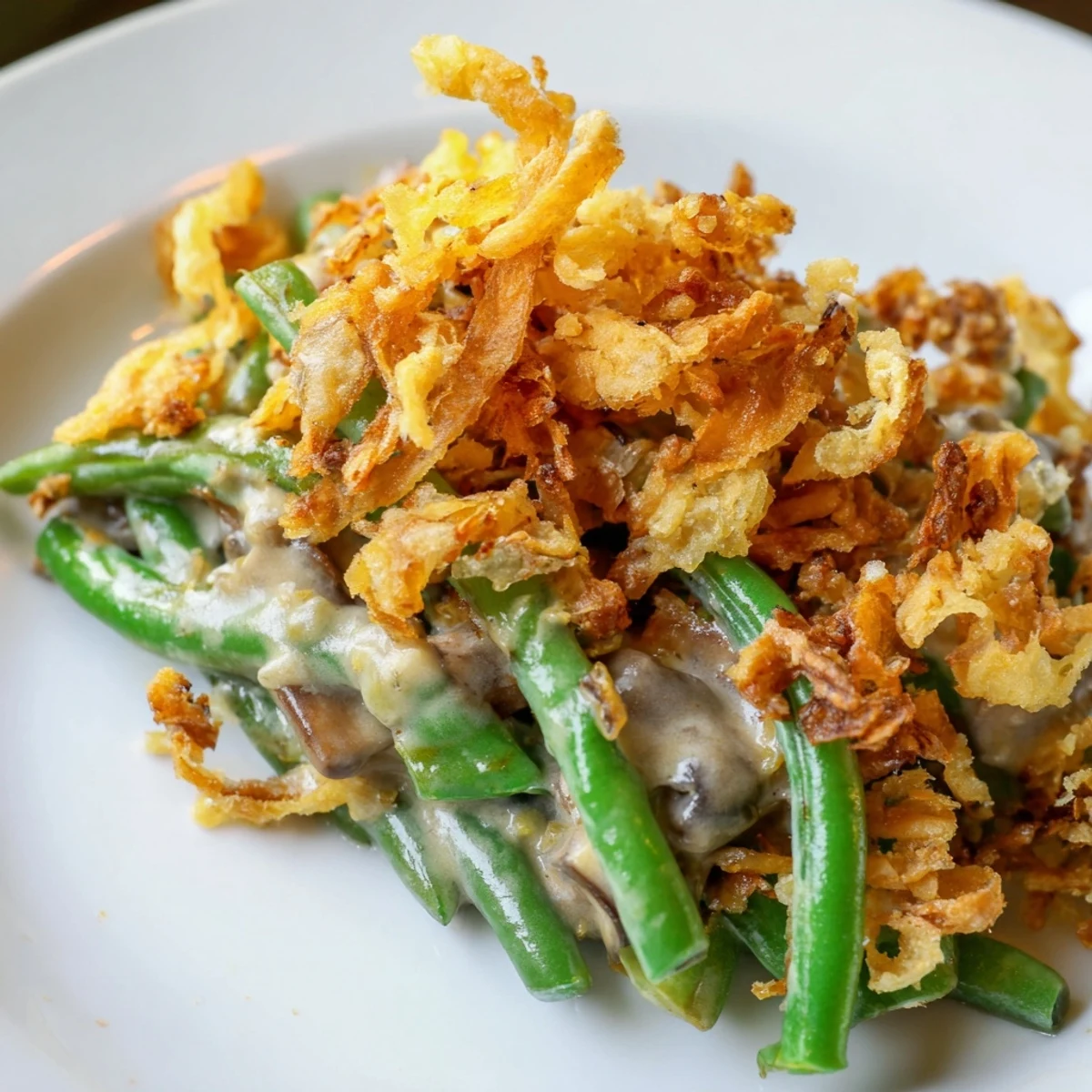 A close-up of a Green Bean Casserole with Crispy Onions, featuring tender green beans coated in a creamy mushroom sauce, topped with golden, crunchy fried onions.  