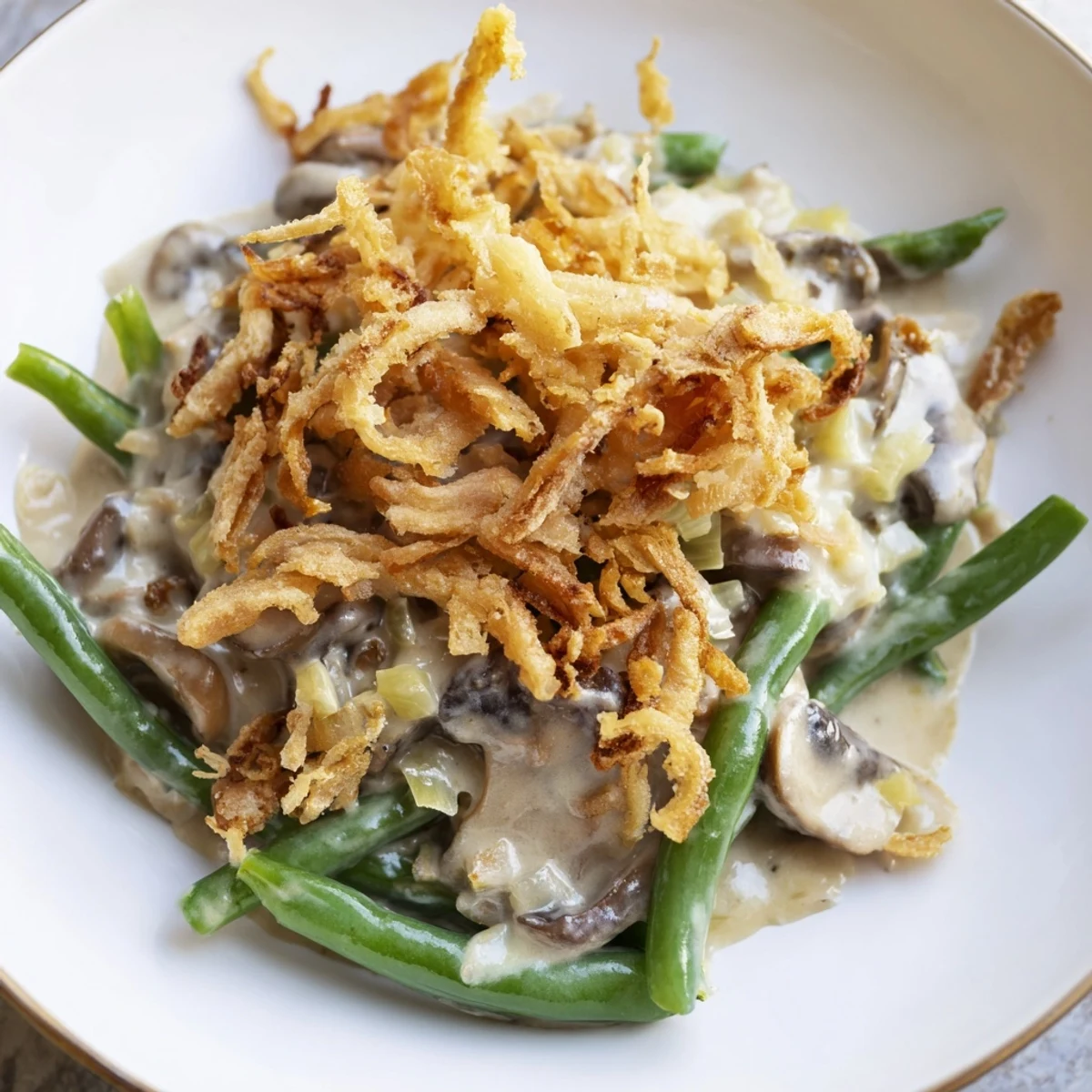 Green Bean Casserole with Crispy Onions served in a white dish, contrasted with a rustic wooden table, ideal for a comforting family side dish.