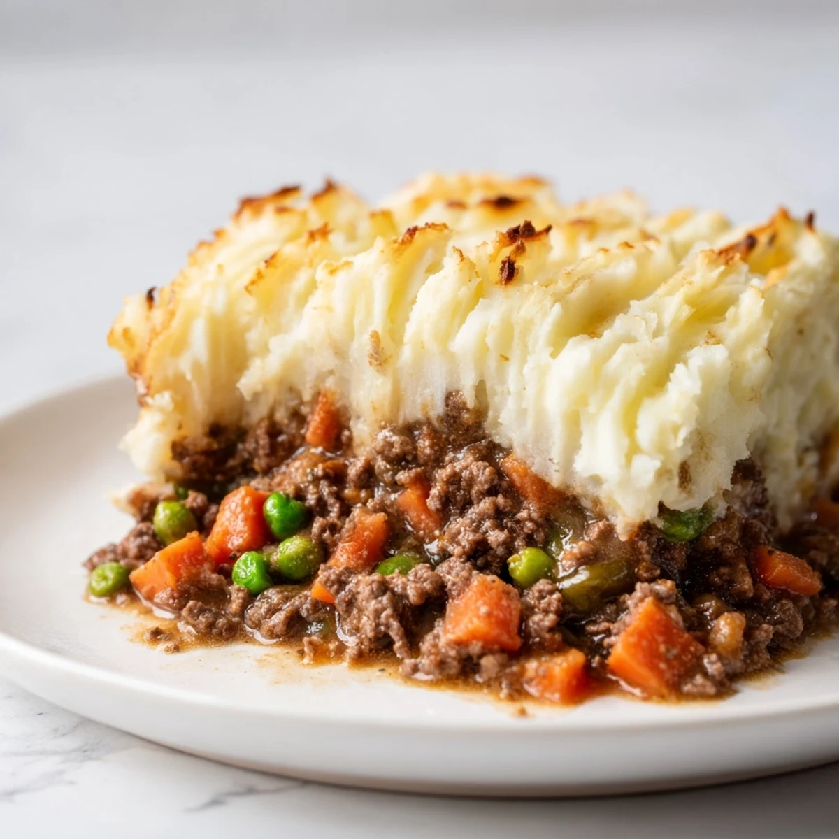 Golden baked Beef Shepherds Pie with Cheddar Mash, showing bubbling filling and crispy potato peaks on a rustic plate.  