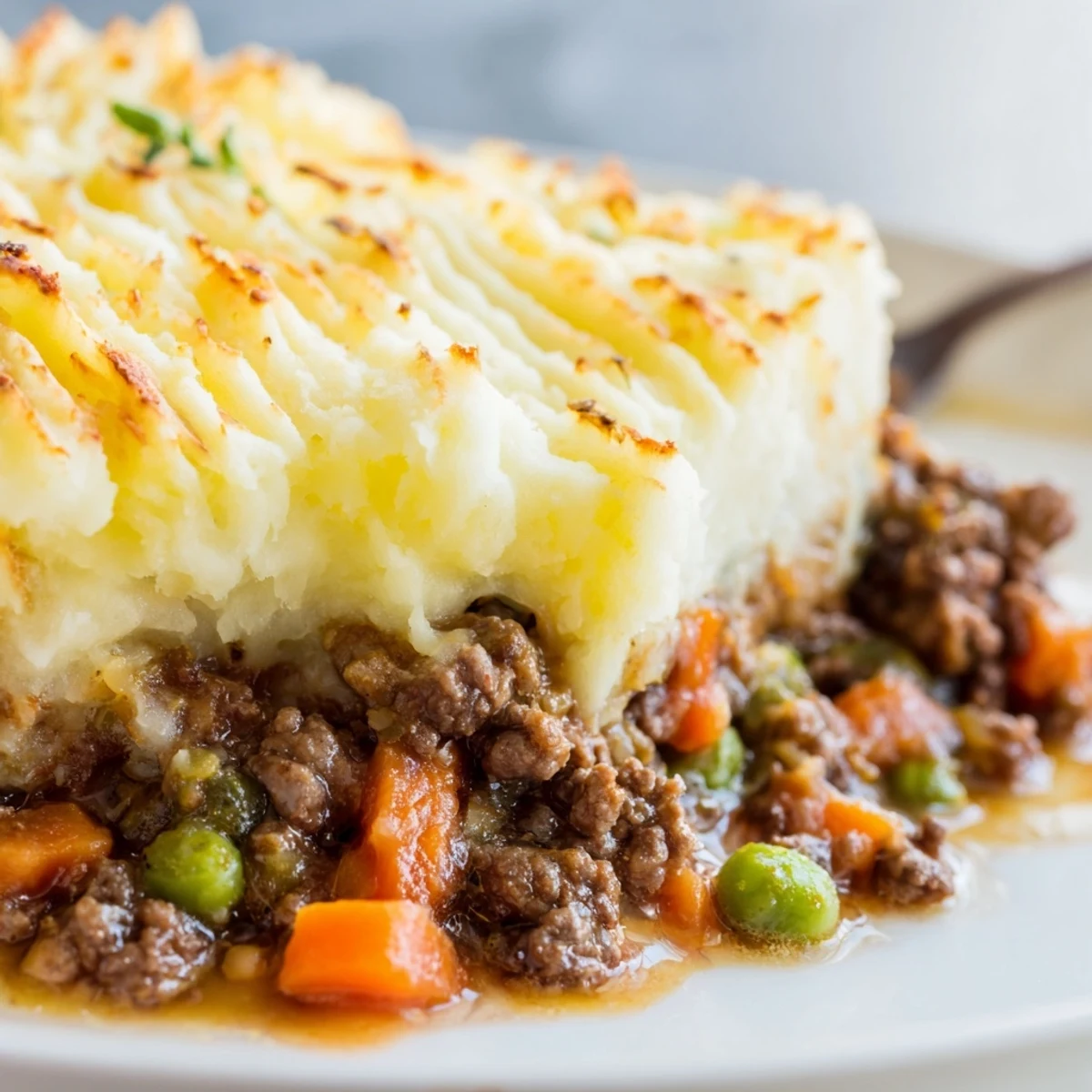 Comforting Beef Shepherds Pie with Cheddar Mash served in a dish with a side of green beans.