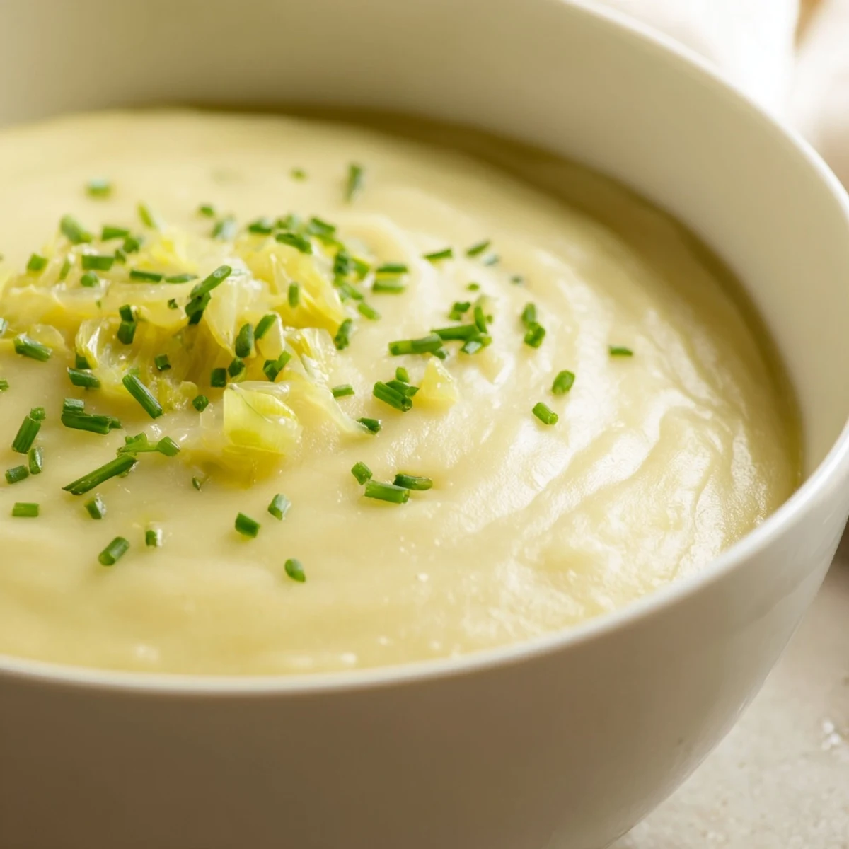 Creamy Potato Leek Soup with Chives in a rustic bowl, garnished with fresh chopped chives and a swirl of heavy cream.