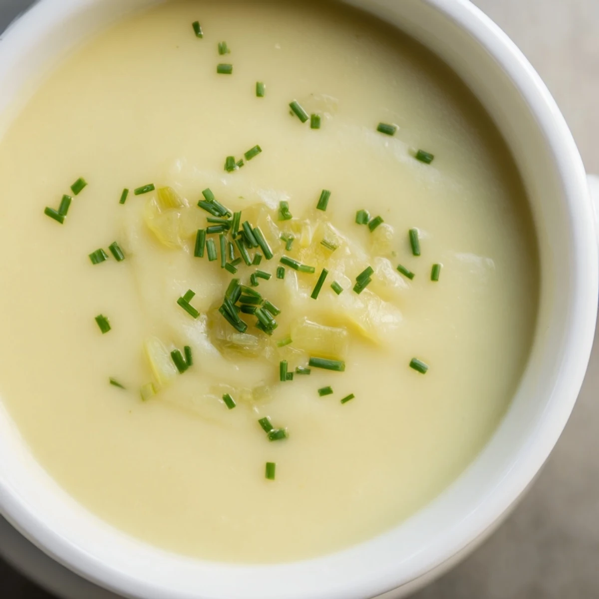 Overhead view of Creamy Potato Leek Soup with Chives, served in a white ceramic bowl beside a slice of crusty bread.