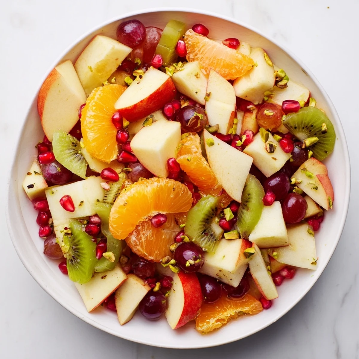 Scattered mint leaves and chopped pistachios garnish a serving of Winter Fruit Salad with Honey Lime Dressing.