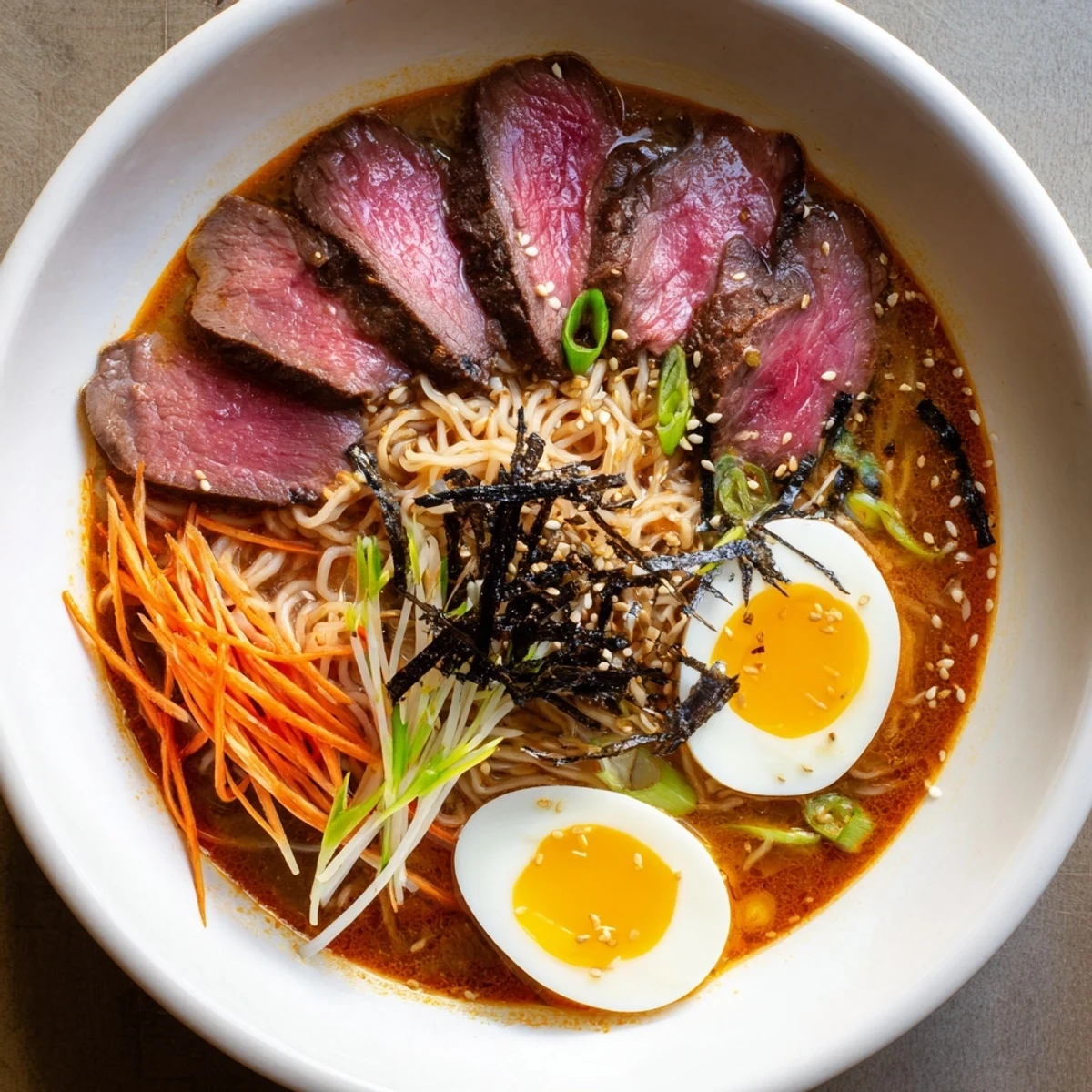 A close-up of Spicy Beef Ramen with Soft Boiled Egg shows tender beef slices and a jammy yolk over steaming noodles.